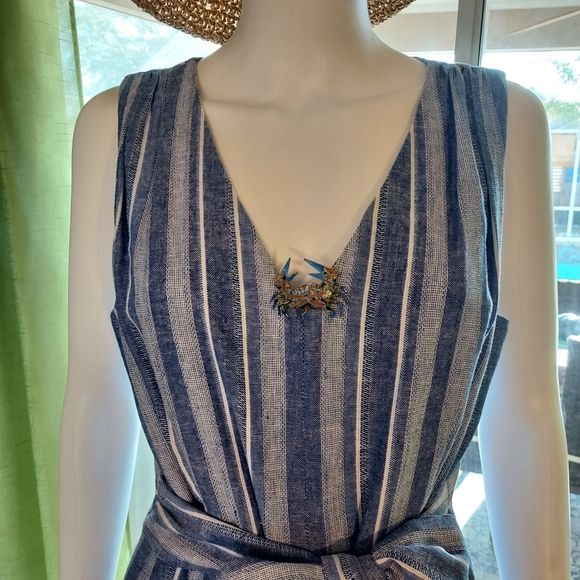 Calvin Klein Striped Linen & Rayon Jumpsuit in a Denim Blue & White. - Picture 6 of 16